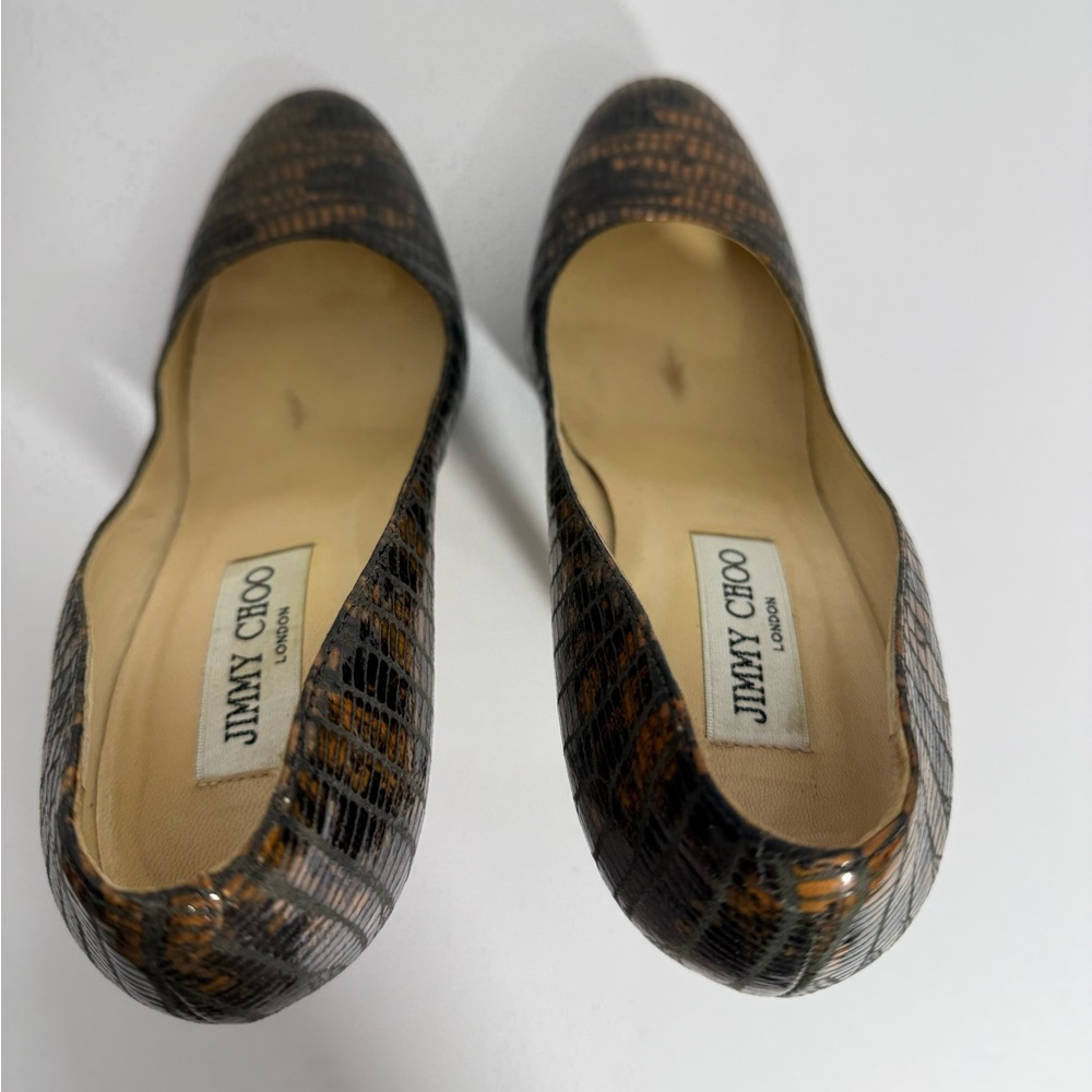 Jimmy Choo-Brown/Gold, Lizard Embossed, Anthracite, Platform, Pump/Heel. Sz-37.5 - Picture 9 of 11